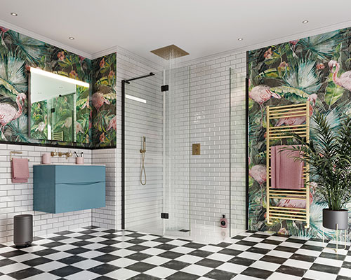 Wet room bathroom with tropical print highlights in the walls