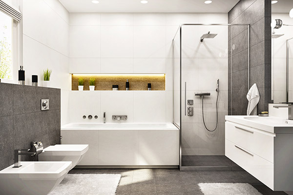 A white and grey bathroom design with clean lines and functionality in mind